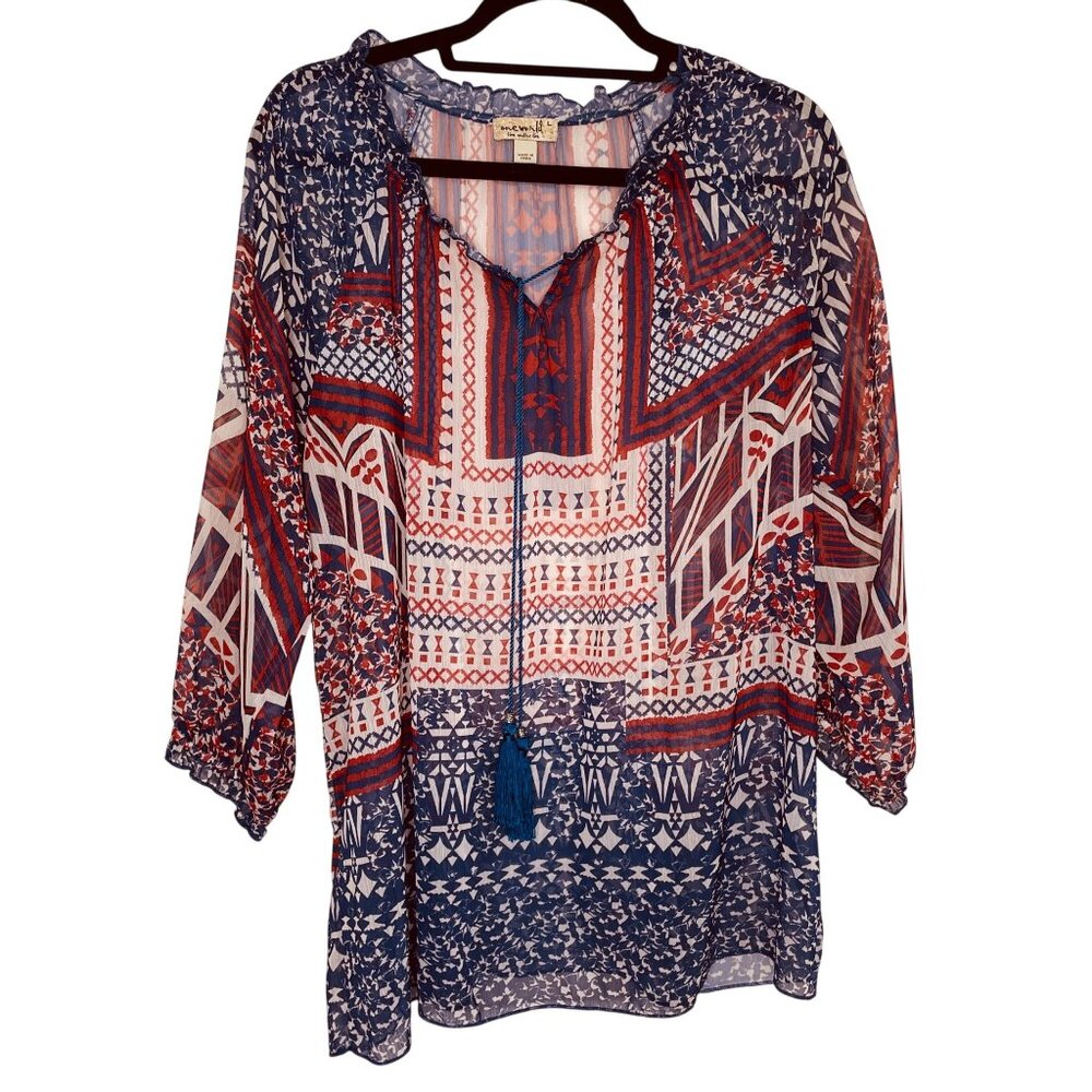 One World Womens Boho Tunic Top‎ L Blue Red Geometric Print Sheer Relaxed Fit